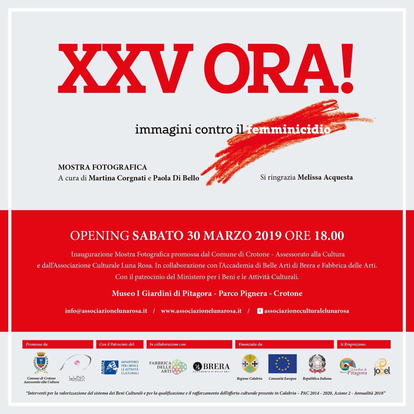 "XXV ORA! IMMAGINI CONTRO IL FEMMINICIDIO", DAL 30 MARZO AL MUSEO PITAGORA DI CROTONE