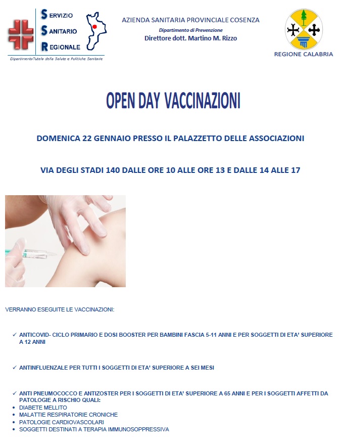 Domenica a Cosenza Open Day vaccinazioni