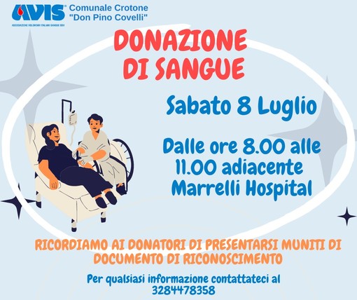 Sabato 8 luglio Avis organizza donazione del sangue al Marrelli Hospital